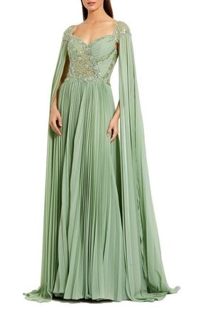 Mac Duggal Cape Sleeve Pleated Charmeuse Beaded Gown in Sage at Nordstrom, Size 10