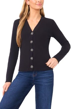 CeCe by Cynthia Steffe Flower Button Knit Cardigan in Rich Black at Nordstrom, Size X-Large