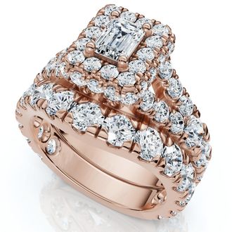 Pompeii3 4Ct TW Emerald Cut Halo Diamond Engagement Wedding Ring Set Lab Grown Gold