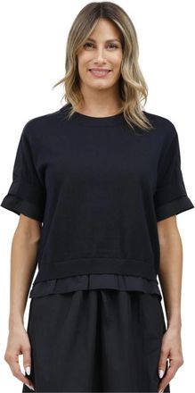 Alpha Studio Katoenen en taffeta ronde hals top - Dames - Ronde hals truien - Blauw - XL - Katoen - Truien & Vesten