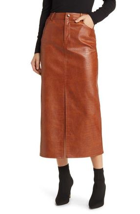 Wayf Roberta Croc Embossed Faux Leather Midi Skirt in Brown at Nordstrom, Size X-Small