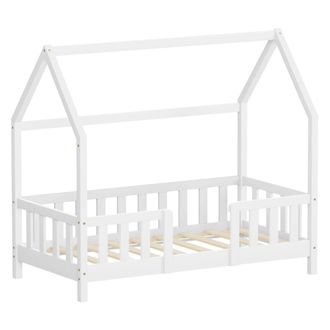 ML Design Ml-design Cama Infantil 70x140 Cm En Forma De Casa, Madera Maciza De Pino Blanca Con Protecci&oacute;n Antica&iacute;da, Techo Y Somier De L&aacute;minas, Cuna De Suelo Pa