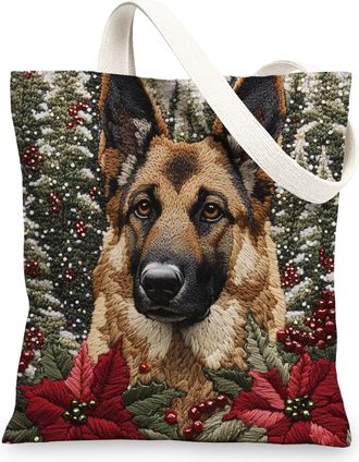 Generic Christmas German Shepherd Dog Canvas Tote Bag for Shopping 13x15, Knitting Winter Puppy Reusable Grocery Print Pattern Bag for Women, Pet New Year Bea
