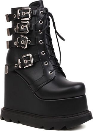 Generic Womens Round Toe PU Leather Punk Boots Lace Up Gothic Boots with Side Zipper Wedge High Heel Platform Booties with Buckle,Black,6.5 UK