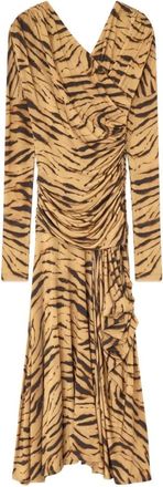 Ganni Tijgerprint Gedrapeerde Jurk - Dames - Casual kleedjes - Bruin - M - Kleedjes