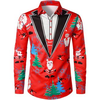 Generic Ugly Christmas Shirt for Men UK Novelty Xmas Tree Reindeer Santa Claus 3D Printed Shirts Casual Long Sleeve Button Down Dress Shirt Funny Party Holida
