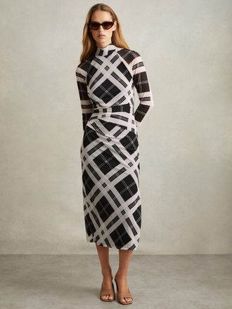 Reiss Womens Black & Cream Checked Ruched Midi Dress, Size: 6
