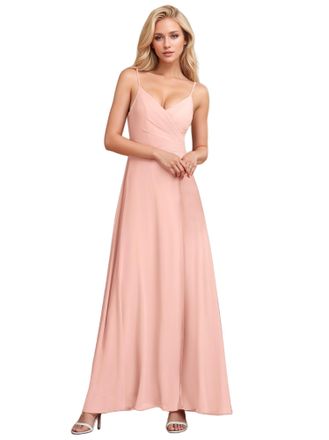 Ever-pretty Womens A Line Spaghetti Straps V Neck Long Chiffon Asymmetry Prom Dress with Slit Pink 6