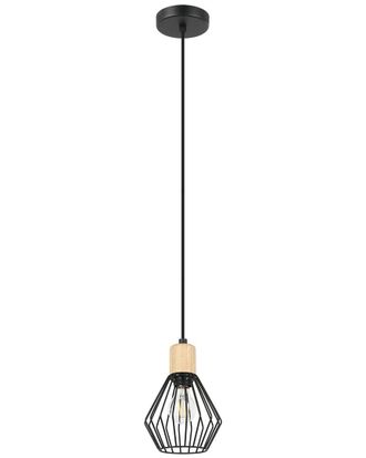 Eglo Eglo Palmorla 1 Light Open Frame Metal Pendant With Structured Black Finish & Wood Accent