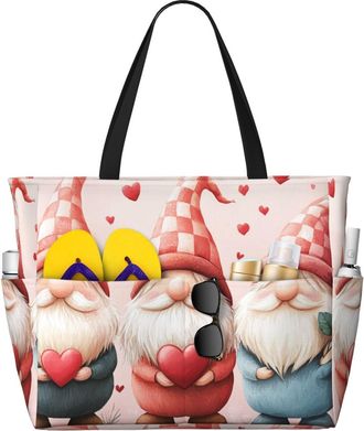 Generic Valentines Gnomes Print Large Beach Bag Foldable Travel Shoulder Tote Bag With Pocket For Weekender Pool Vacation