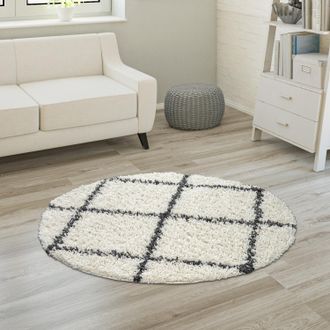 Paco Home Paco Home - Alfombra De Pelo Largo, Suave Sal&oacute;n Shaggy Estilo Escandinavo Motivo De Rombos &Oslash; 160 Cm Redon, Crema