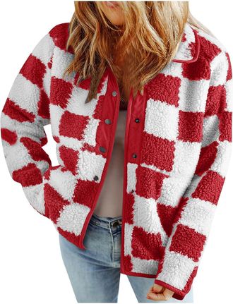 Generic Fleece Jacket Women Checked Casual Long Sleeve Coats Women Collared Plaid Teddy Jackets Loose Sherpa Button Down Cardigan Fluffy Fall Winter Comfy Out