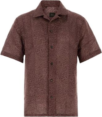 Brioni Printed Linen Shirt - Heren - Korte mouwen Overhemden - Bruin - M - Linnen - Overhemden