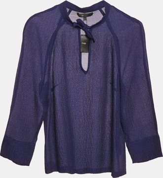 Maje Navy Blue Textured Silk Tie-Up Neck Detail Top S