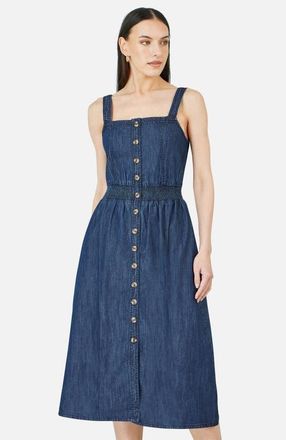 Yumi Chambray Cotton Ruched Midi Sun Dress in Blue at Nordstrom, Size 10
