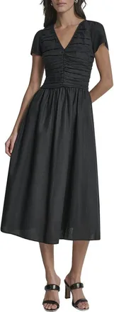 DKNY Dkny Shirring Cap Sleeve Linen-Blend Dress