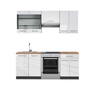 Vicco Mueble De Cocina Fame-line, Blanco Brillo/antracita, 200 Cm, Et Roble, Vicco