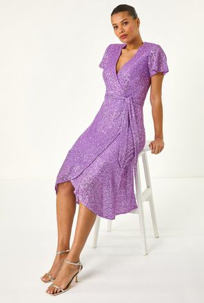 Roman Sequin Wrap Front Midi Dress