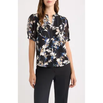 Anne Klein Floral Print Split Neck Top in Anne Black/dutch Blue Multi at Nordstrom, Size X-Large