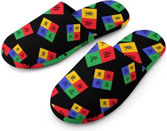 Generic Four Winds Mahjong Flannel Mens Slip-on Slippers Winter Warm House Shoes with Rubber Sole for Home Hotel