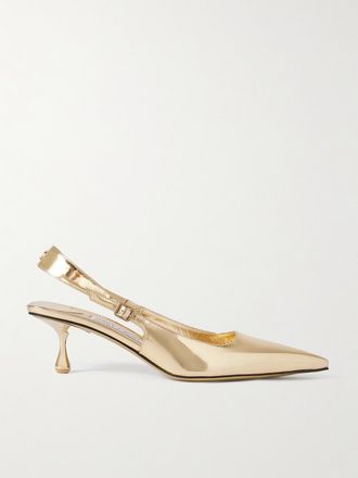 Jimmy Choo London Décolleté Slingback In Pelle Metallizzata Con Logo Amel 50 - Oro