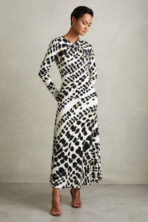 Reiss Womens Black & White Printed Jersey Twist Detail Midi Dress, Size: S
