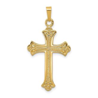 Diamond2Deal 14k Yellow Gold Textured and Polished Fleur de lis Cross Pendant