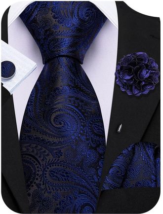 Barry.Wang Navy Tie 63 Paisley Silk Ties Set Pocket Square Cufflinks and Lapel Pin Extra Long Necktie Wedding Party