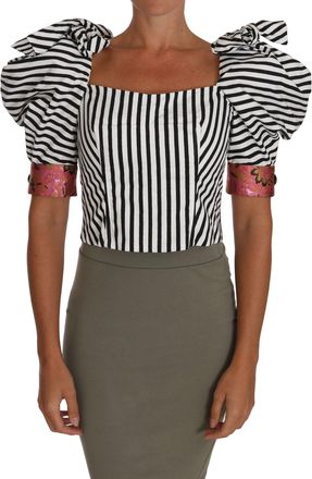 Dolce & Gabbana Womens Striped Puff-Sleeve Cropped Blouse White Cotton Nylon Polyester