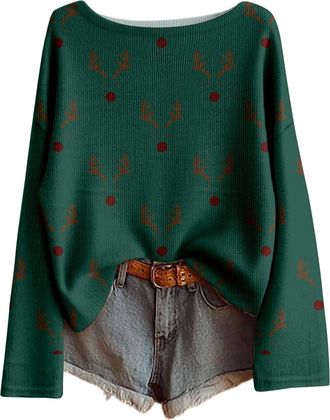 Generic Christmas Jumper 2025 Xmas Tree Printed Ladies Tops Long Sleeves Crew Neck Knitted Jumpers Soft Comfortable Xmas Pullover Sweatshirt Warm Oversized Ch