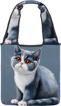 Generic Grey Cat Cute Reversible Canvas Shoulder Tote - Double-Sided Print, 12oz Cotton, 27cm Drop, Fold-Flat Bag for Travel, Shopping, Street Outings