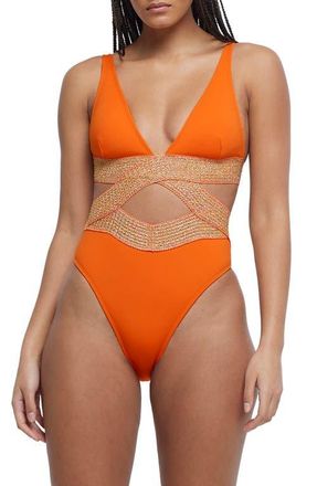 River Island Metallic Wrap Swimsuit in Orange at Nordstrom, Size 12