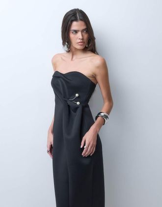 Asos vestito midi a fascia con drappeggio strutturato e bordo di perle nero