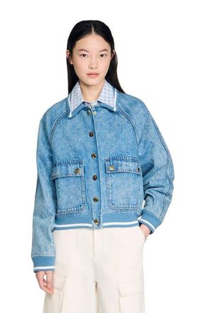 Sandro Rib-trimmed denim jacket in Blue Jean at Nordstrom, Size 38 Eu
