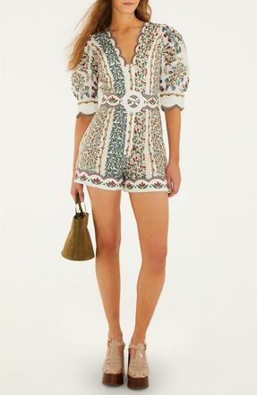 Farm Rio Fruit Beauty Euroflax Llinen Mini Cut Out Romper in Off-White at Nordstrom, Size Xx-Small