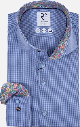 R2 Mens R2 Cut Away Collar Long Sleeved Shirt Blue Check - Size: 38/Regular