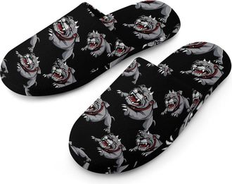 Generic Angry Cartoon Bull-dog Flannel Mens Slip-on Slippers Winter Warm House Shoes with Rubber Sole for Home Hotel