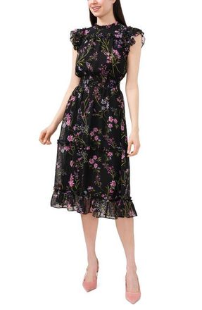 CeCe by Cynthia Steffe Floral Clip Dot Smocked Ruffle Midi Dress in Rich Black at Nordstrom, Size Small