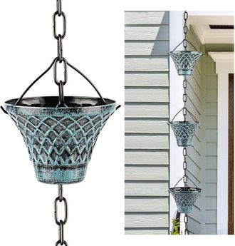 OEM Cadena De Lluvia Decorativa Azul A Cuadros Con Forma De Paraguas, 2,6 M, Decoraci&oacute;n De Jard&iacute;n Para Canalones - 12 Vasos