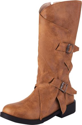 Generic Winter Stylish Womens Mid Calf Boots with Belt Buckle Low Heeled Round Toe Design for Autumn Winter Fashion Comfort (Brown, 6. 5)