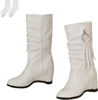 Generic Womens Wedge Heel Boots, Fashionable Round Toe Mid-Calf Slouch Boots with Ring Decoration And Non-Slip Sole, Slip-On Comfortable Autumn Winter Ankle B