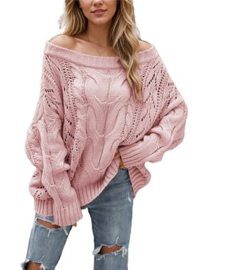 Generic Women Off Shoulder Sweater Knit Pullovers Chunky Cable Knit Oversized Neck Sweaters Long Batwing Sleeve Loose Pullover (Pink,S)