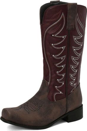 Generic Womens Embroidered Western Boots with Square Toe and Flat Block Heel,for Everyday Comfort,Red,6.5 UK
