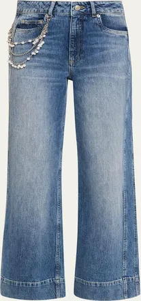 Cinq &agrave; Sept Pearly-Chain Cropped Wide-Leg Jeans