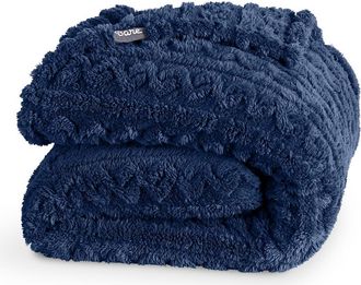 Bare Home Cable Faux Shearling Blanket in Dark Blue at Nordstrom, Size Full