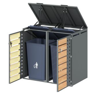 STILVORA Armario Para Cubos De Basura Con Tapa Abatible Hidraulica 2 Compartimentos Y 2 Puertas Con Cerradura Acero Gris Madera