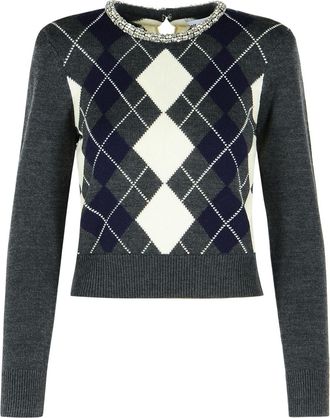 Self Portrait Argyle Crystal Grey Wool Sweater