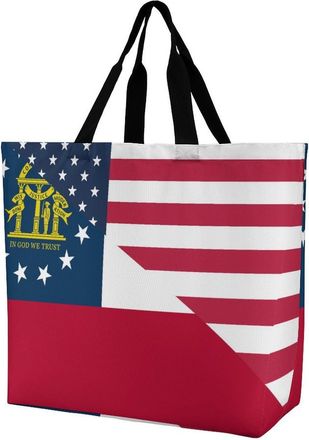 Generic U.S. And Georgia State Flag Reusable Shopping Bags Large Capacity Grocery Bag Heavy Duty Tote for Women 40x40x16cm