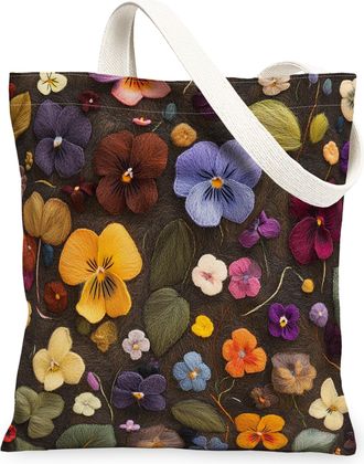 Generic Spring Pansy Flower Canvas Tote Bag for Shopping 13x15, Knitting Theme Florals Reusable Grocery Print Pattern Bag for Women, Fun Vintage Beach Aesthet