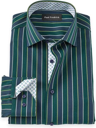 Paul Fredrick Tailored Fit Non-iron Cotton Stripe Dress Shirt With Contrast Trim